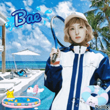 a girl is holding a tennis racquet in front of a swimming pool with the word bae on the bottom