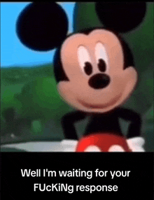 a picture of mickey mouse with a caption that says well i 'm waiting for your fucking response .