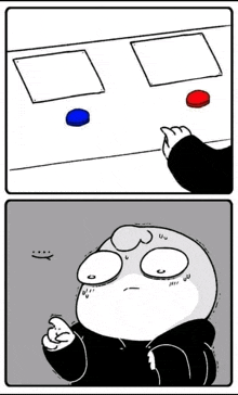 a cartoon of a person pressing a button with a red button and a blue button .