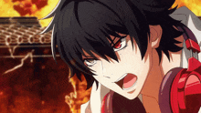a black haired anime character with red eyes and headphones on