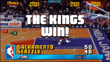 a video game screen shows a basketball game between the kings and sacramento seattle