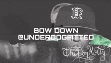 an ad for bow down @underdogfitted shows a man in a green jacket
