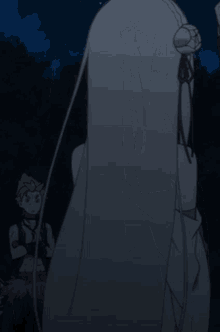 a woman with long white hair stands in a dark room