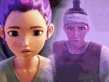 a girl with purple hair is standing next to a man with purple hair