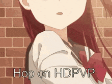 a girl with red hair is standing in front of a brick wall with the words hop on hdpvp written on the bottom