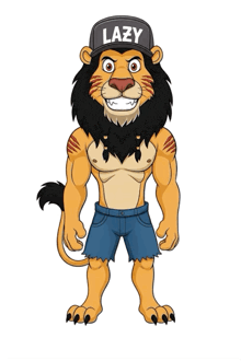 a cartoon lion wearing a lazy hat and shorts