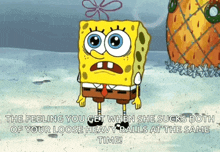 spongebob squarepants is standing in the sand with a pineapple in the background .