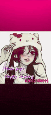 a picture of a girl wearing a hello kitty hat says hello guy 's happy tasking 6200235811