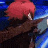 a red haired anime character is holding a bow and arrow .
