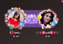 a purple background with a picture of a woman and a picture of a man