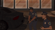 two police officers are talking to a man laying on the ground in a car