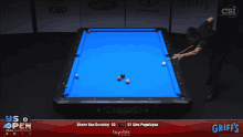 a pool table with a scoreboard that says us open