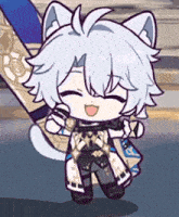 a cartoon character with white hair and cat ears holding a sword
