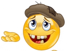 a cartoon smiley face wearing a hat and giving a peace sign
