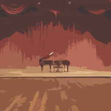 a cartoon of a purple cat jumping in the air with a piano in the background