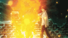 a man is walking in front of a fire