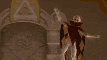 a pixel art of a man standing in front of a wall with his arms outstretched in a video game .