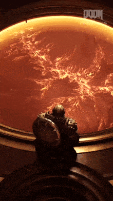 a man with a shield is standing in front of a large dome with the word doom on it