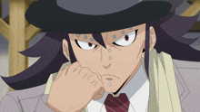 a man with purple hair wearing a hat and a tie