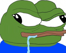a cartoon of a green frog with a tear running down its face .