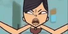 a cartoon girl is making a funny face with her mouth open and her arms outstretched .