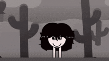 a black and white cartoon character with a smile on her face