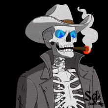a drawing of a skeleton wearing a cowboy hat and smoking a cigar