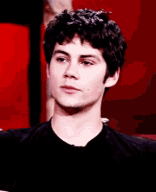 a young man wearing a black shirt looks at the camera