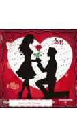 a silhouette of a man kneeling down giving a woman a rose