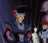 a group of anime characters standing next to each other with one wearing a helmet