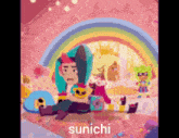 a cartoon of a girl sitting in front of a rainbow and the word sunichi on the bottom