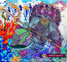 a colorful drawing of a woman holding a trident with the words teferi peixes in the lower right corner