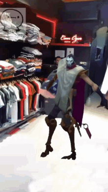 a video game character is dancing in front of a store that says care guys