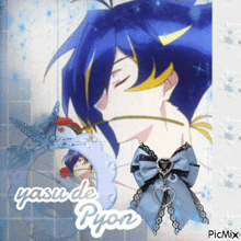 a picture of a blue haired anime character with the name yasu de pyon on the bottom