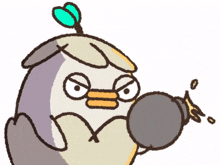 a cartoon of a bird holding a bomb with a green flower on its head