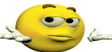 a yellow smiley face with big eyes is making a funny face with its hands outstretched .