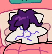 a cartoon character with purple hair is sleeping in a bed with a pink blanket .