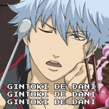 a cartoon character with a spoon in his mouth and the words gintoki de dani on the bottom