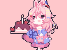 a pixel art of a girl holding a cake with candles