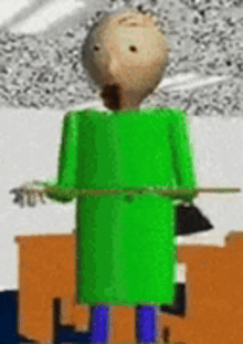 a cartoon character in a green shirt is holding a stick in a classroom .