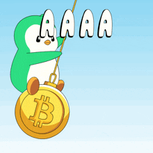 a cartoon of a penguin hanging from a rope with a gold coin with a b on it