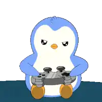 a cartoon of a penguin holding a game controller with pew written around it