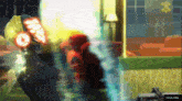 a blurred image of a person with headphones and a sign that says ' calue sega ' on it