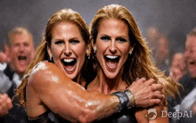 two women are hugging each other with their mouths open and a deepai logo in the corner