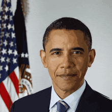 a man in a suit and tie stands in front of a flag