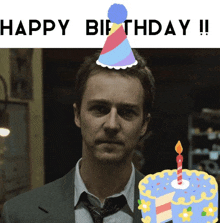 a man wearing a party hat and a birthday cake with a candle
