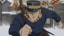 a man in a military uniform with a star on his hat is running in the snow