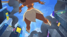 a cartoon character is flying through the air in front of a city .