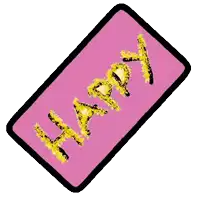 a pink sticker that says happy on it