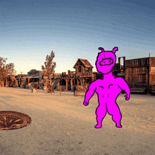 a cartoon drawing of a pink monster in front of a building that says texas